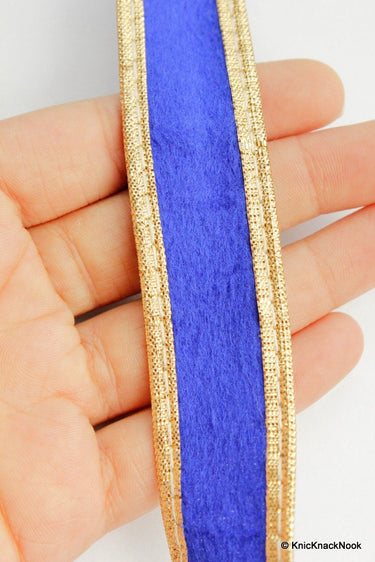 Blue Velvet Trim Ribbon WIth Gold Border Piping